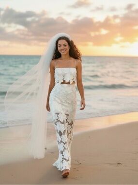 White Lace Two-Piece Wedding Dress with Spaghetti Straps